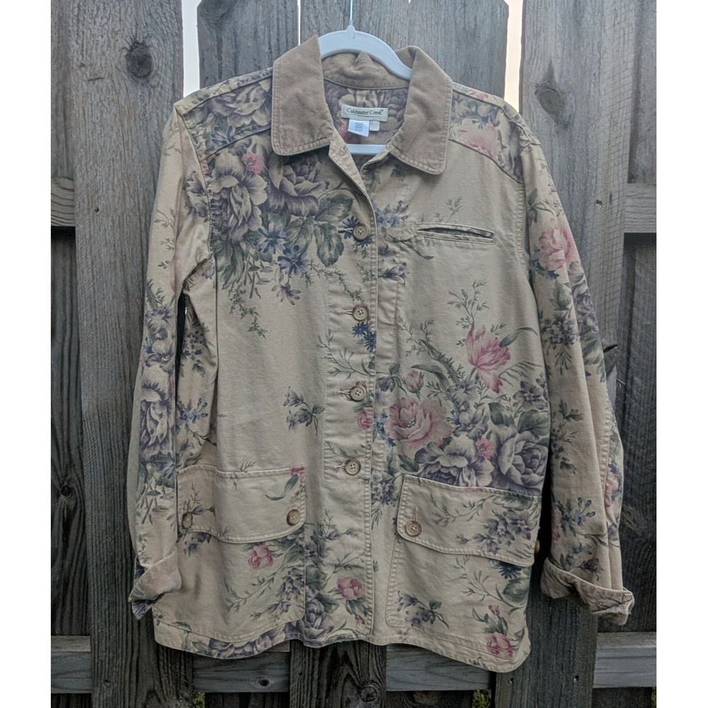 Womens Coldwater Creek Tan Floral Linen Cotton Barn Jacket S Corduroy Trim
